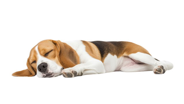 Transparent background peaceful beagle dog is sleeping comfortably on white background, showcasing its distinctive brown, black, and white fur. This adorable scene captures essence of relaxation and