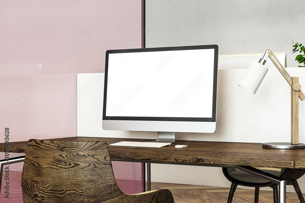 Poster modern office workspace with a computer monitor on a wooden desk, minimalist furniture, and a sleek 