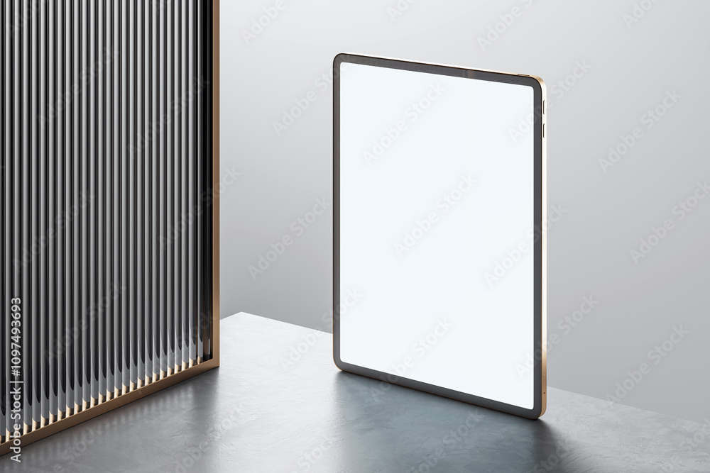 Aufkleber Tablet mockup with blank screen standing on modern clean surface next to vertical ribbed structure in a minimalistic environment. 3D Rendering