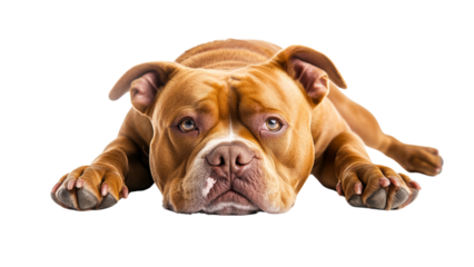 Transparent background relaxed brown dog lies on ground, showcasing its expressive eyes and strong build. dogs calm demeanor evokes sense of companionship and loyalty
