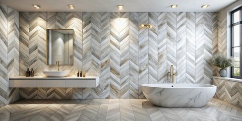 Modern Bathroom Design with Herringbone Tile and Freestanding Tub