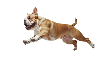Transparent background playful dog leaps joyfully in mid air, showcasing its energetic spirit and athleticism. dogs expressive face and dynamic pose capture moment of pure happiness