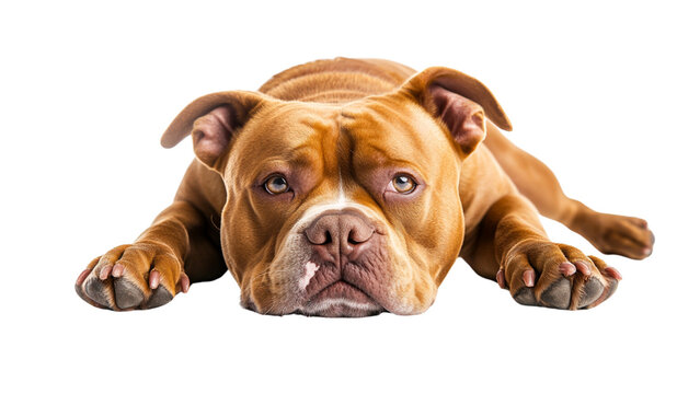Transparent background relaxed brown dog lies on ground, showcasing its expressive eyes and strong build. dogs calm demeanor evokes sense of companionship and loyalty