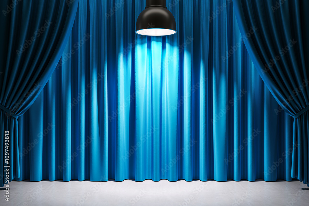 Poster Empty stage with blue curtains and spotlight shining down in the center. Classic theater scene prepared for a show or performance. 3D Rendering