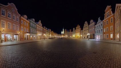 Naklejka premium Night view of a cobblestone town square with colorful buildings and streetlights.