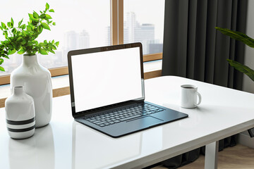Modern workspace with blank laptop screen on a white desk, window view of city buildings, plants, and elegant decor elements. 3D Rendering
