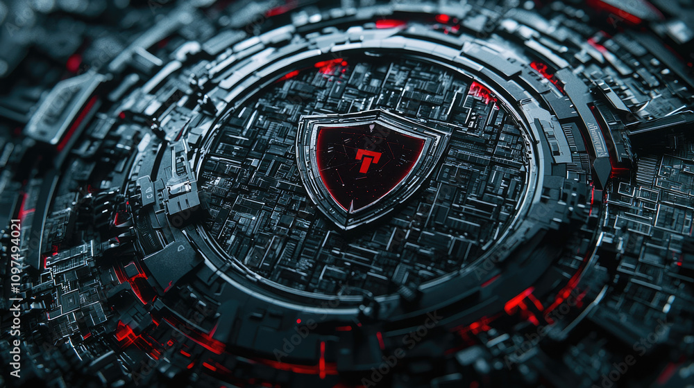 Poster a futuristic, abstract design featuring a dark circular pattern with a central shield emblem, highli