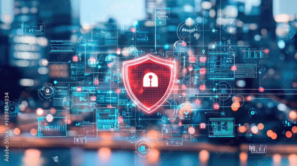 Poster a digital shield icon representing cybersecurity, set against a blurred city background with data pa