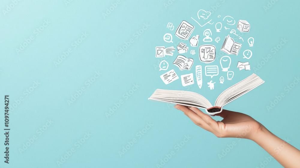 Poster a hand holds an open book with floating icons and symbols above it, representing knowledge, ideas, a