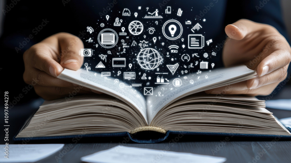 Poster a person holds an open book from which various digital icons and symbols are emerging, representing 
