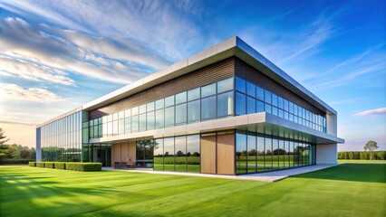 Fototapeta premium Modern Architectural Design A Sleek Glass and Metal Office Building on a Lush Green Lawn