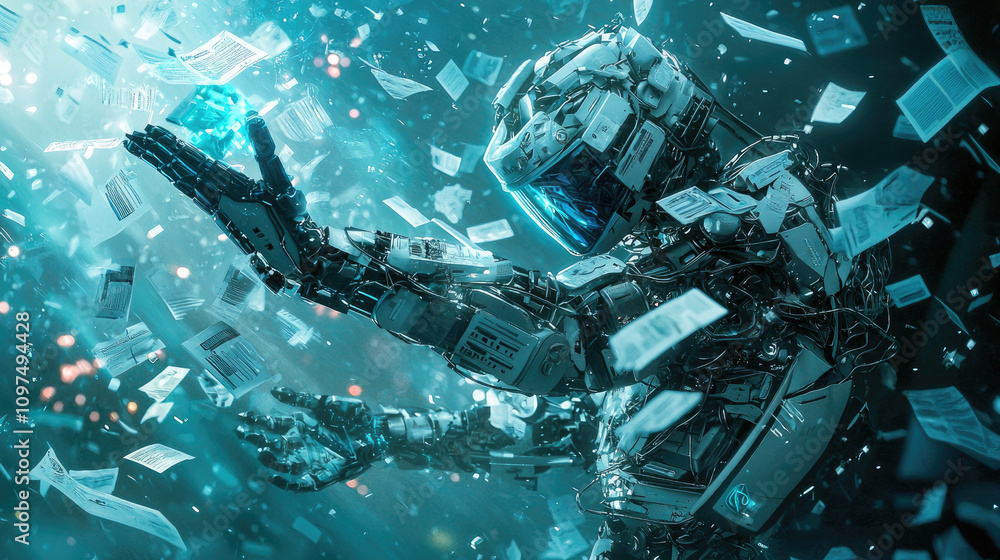 Aufkleber a futuristic robot holds a glowing blue crystal amidst a flurry of floating documents, creating a me