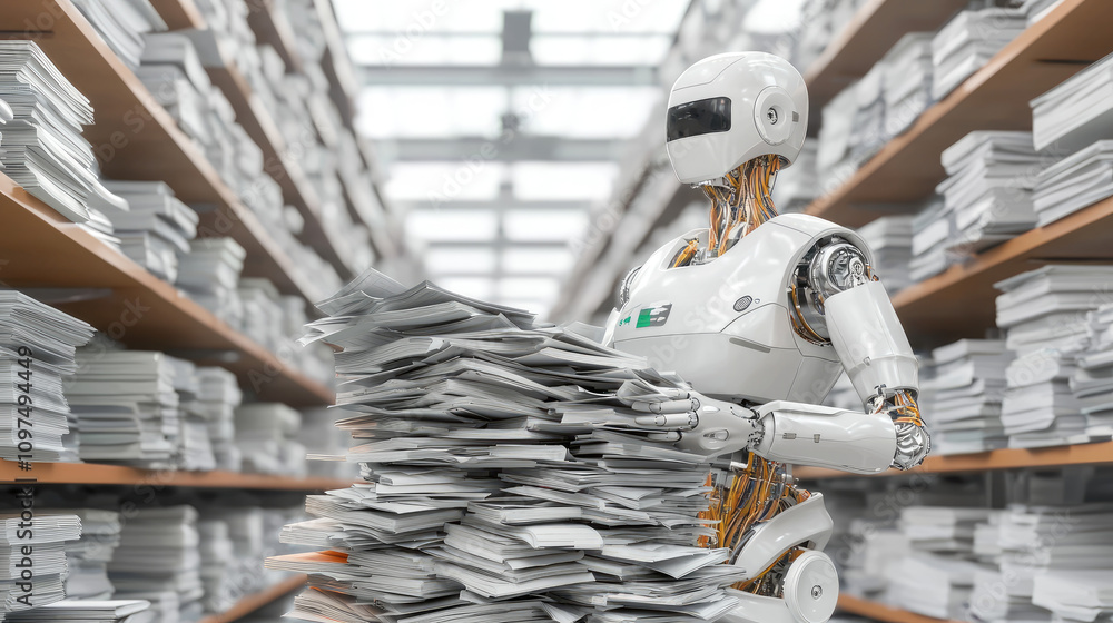 Poster a humanoid robot organizes a large stack of papers in a modern library-like setting filled with shel