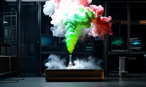 A lab experiment with a beaker releasing colorful smoke in a lab setting.