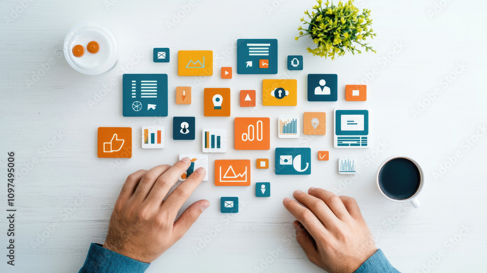 Aufkleber a flat lay of hands on a table surrounded by colorful digital icons representing data, analytics, an