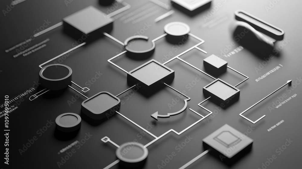 Poster a monochromatic flowchart featuring geometric shapes and lines, illustrating a process or concept in