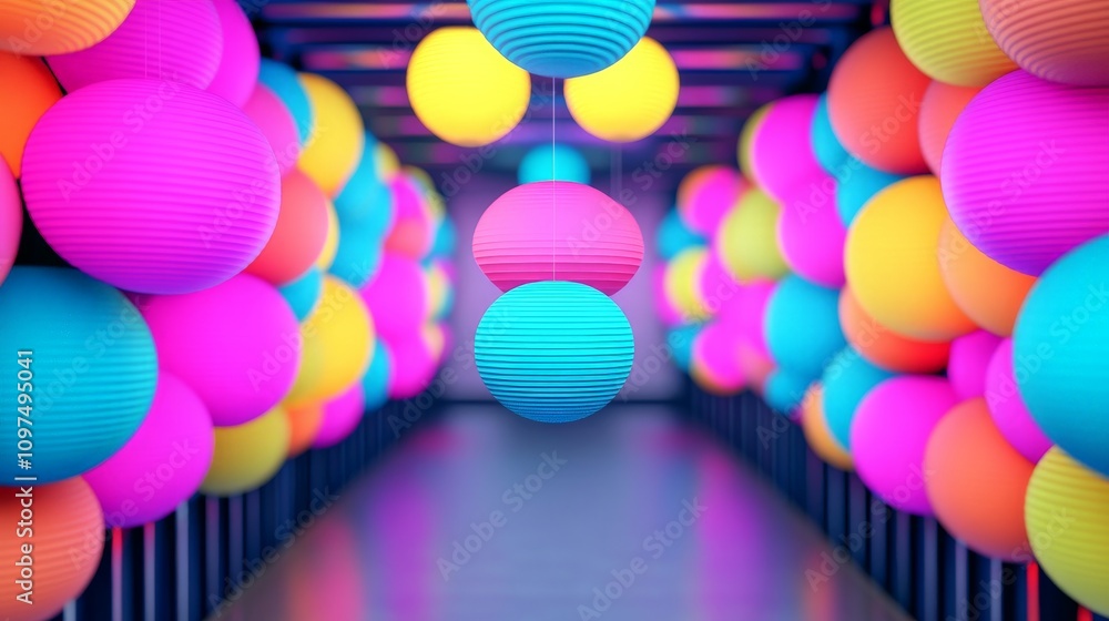 Poster neon dreams: a mesmerizing 3d render of a vibrant, multi-colored tunnel, bathed in neon light. the s
