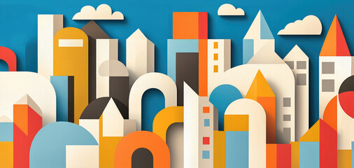 A vibrant, abstract cityscape featuring colorful buildings, arches, and geometric shapes against a bright blue background.