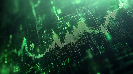 1. A digital investment graph with rising green lines and glowing data points on a dark background