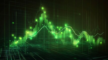 1. A digital investment graph with rising green lines and glowing data points on a dark background