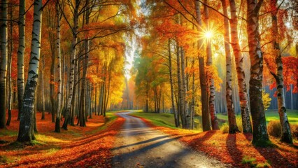 Fototapeta premium Autumnal Road Winding Through a Sunlit Birch Forest