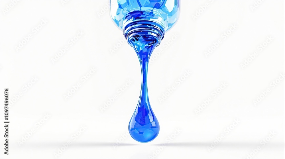 Poster close-up of blue paint dripping from a bottle onto a white background with a subtle gradient effect,