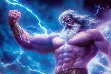 Zeus creating a lightning storm, with the sky illuminated in electric blue and purple hues.
