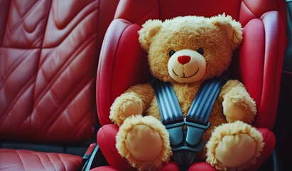 A cute teddy bear in a car seat with a safety belt, front view, close-up shot. The background is the red leather interior of the vehicle.