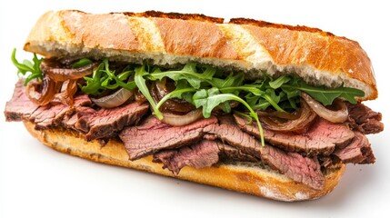 A perfectly assembled roast beef sandwich with thinly sliced roast beef, horseradish sauce, caramelized onions