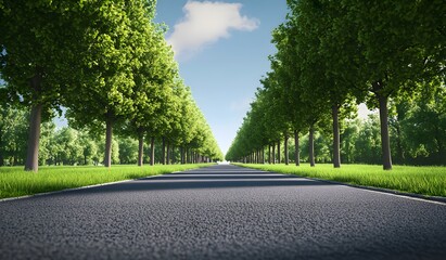 Two rows of green trees line both sides of the road, with a front view and a blue sky background. Green grass covers the ends of the asphalt street, 