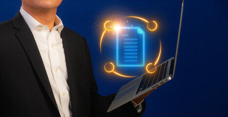 File Organization icon, Document Management concept for system or process used to capture, track and store electronic documents. Businessman shows document icon with moving cycle on virtual screen.