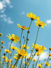 Fototapeta premium Close-up of yellow wildflowers against a clear blue sky, sunny, against sky, clear, close-up