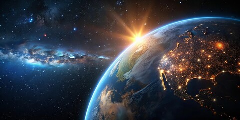 A Majestic Sunrise Illuminates Earth from Space, Showing a Glimmering Tapestry of City Lights Against a Star-Studded Cosmos