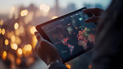 A close-up of hands holding an iPad with digital maps and data on the screen, set against blurred city lights in the background