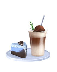 Blueberry cake with chocolate drink on the plate