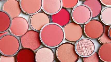 Blush Palette Paradise: A vibrant collection of blush shades in various pink and red tones, arranged in a captivating flat lay. Perfect for beauty bloggers, makeup artists, and cosmetic brands. 