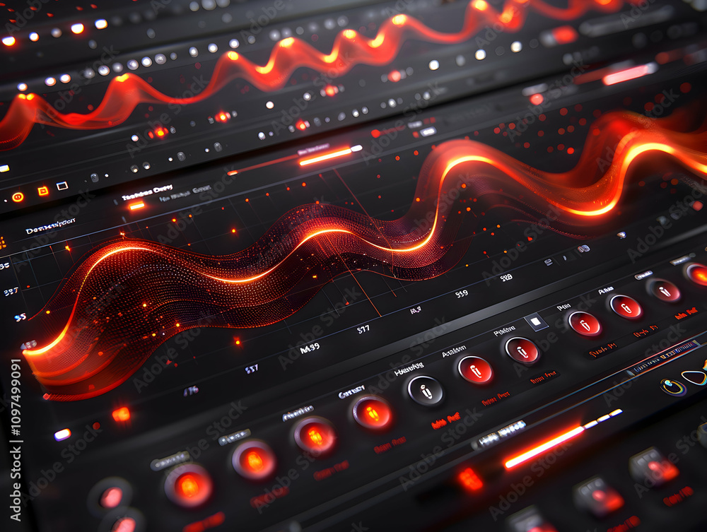 Poster abstract digital interface with glowing red waveform.