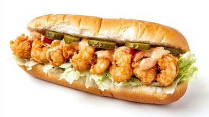 A perfectly assembled shrimp po' boy sandwich with crispy fried shrimp, shredded lettuce, sliced tomatoes