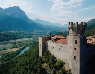 Obraz premium Aerial view of the medieval castle , mountains and rivers, the castle's walls tower over green trees, with red roof tiles contrasting against the blue sky. 