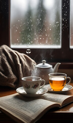 Obraz premium A close-up of a steaming cup of tea on a windowsill, raindrops on the glass, a cozy blanket in the background, and a book open nearby.