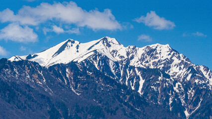 残雪の北アルプスと春の風景