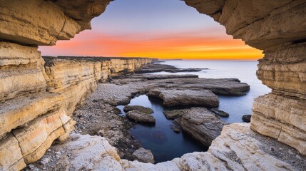 Coastal Sunset Through a Rock Arch:  A mesmerizing view of a stunning sunset over the Mediterranean Sea, captured through the natural frame of a rocky archway.