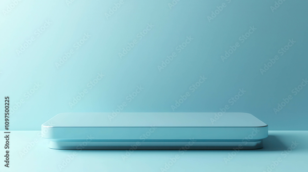 Poster minimalistic light blue background with simple platform for product display