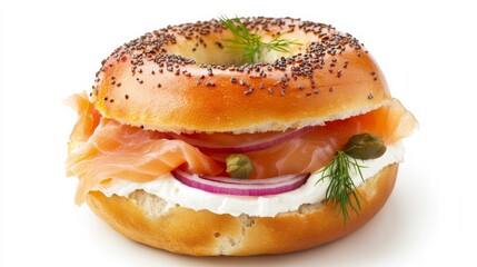 A perfectly assembled smoked salmon and cream cheese bagel with smoked salmon, cream cheese, red onion