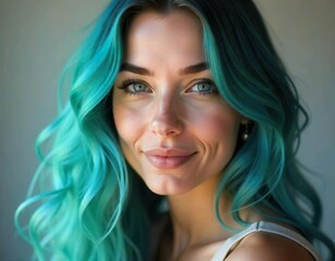 Fototapeta premium A young Caucasian woman with long, wavy blue teal-colored hair, light skin, and a friendly expression, closeup face, smiling, studio background