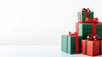 Green and red Christmas gift boxes stacked neatly on a white background