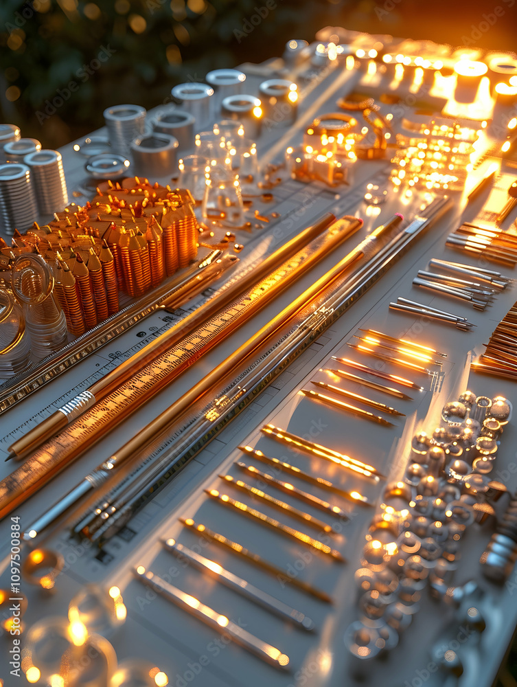 Poster close-up of metallic components arranged on a surface, illuminated with warm light.