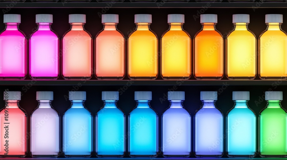 Poster rainbow of colors in bottles: a vibrant spectrum of colors shines through glass bottles, creating a 
