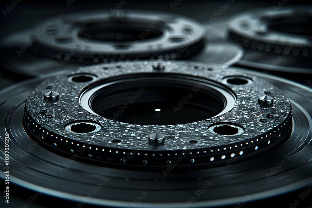 Poster close-up of three dark metallic circular components with textured surfaces and small details.