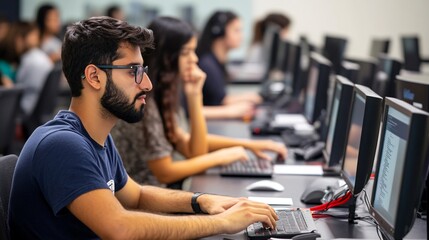 A group of students working diligently at computers in a classroom setting, focused on their tasks, showcasing a collaborative learning environment.